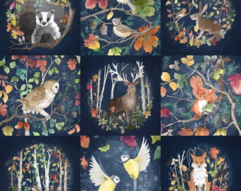 Pre-order set of 9 Autumn forest printed panels on quilting cotton each 30.5 by 30.5 cms