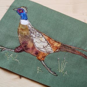 May include: A detailed embroidery of a pheasant on a green fabric background. The pheasant is brown, white, and orange with a blue head and a long tail.