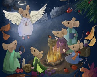 Pre-order Fabric panel Nativity shepherds angel blessing hedgerow scene mice on navy 47cm square quilting cotton