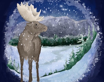 Pre-order winter moose and rocky mountains printed panel on quilting cotton 30.5 by 30.5 cms