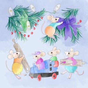 Christmas Mice train printed panel on quilting cotton 30 by 30cms