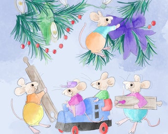 Christmas Mice train printed panel on quilting cotton 30 by 30cms