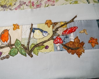 Printed pattern for autumn scene lampshade raw edge applique free motion embroidery.