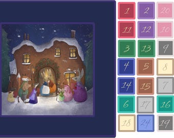 Advent calendar ~carol singers woodland panel on quilting cotton 19" by 19" main panel