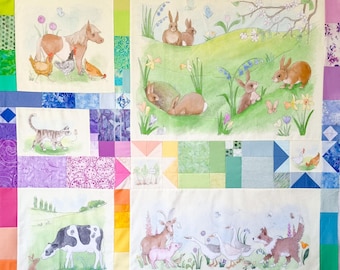 Printed pattern for rainbow spring farm quilt patchwork and panel set