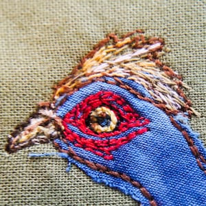 May include: Close-up of a blue, brown, and red embroidered bird's eye on a beige fabric background.