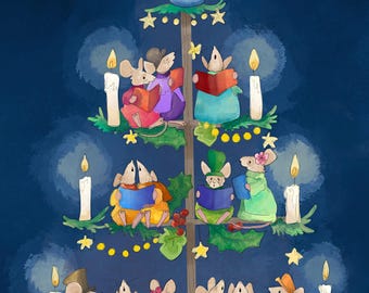 Christmas carol singing mice printed panel on quilting cotton 30.5 by 44 cms
