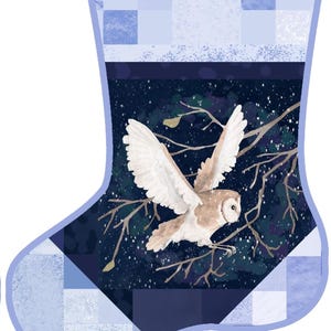 May include: A Christmas stocking with a watercolor illustration of a barn owl in flight. The owl is depicted with white and brown feathers against a dark blue starry night sky. The stocking has a blue and white patchwork design.