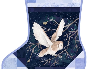 Christmas Stocking Fabric Panel: Navy Owl, Light Blue Cotton (12x15.5 in)