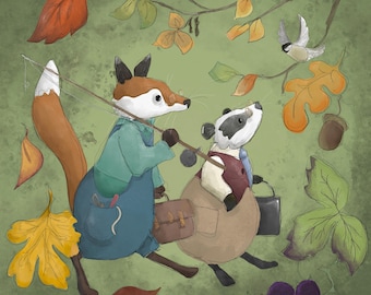 Pre-order Fabric panel Felix and Brock go fishing on green 30.5 cm square quilting cotton