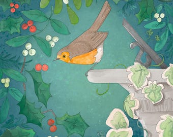Pre -order winter garden robin printed panel on quilting cotton 30.5 by 30.5 cms