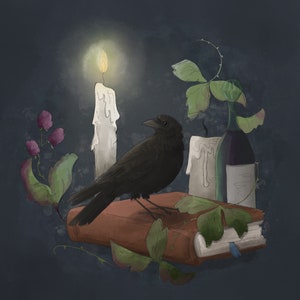 May include: A black crow perched on a closed book with a lit candle and a bottle of wine in the background. The book is surrounded by green leaves and purple berries.