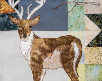 PDF pattern for Block of the month 11 stag robin deer raw edge applique tutorial free motion embroidery