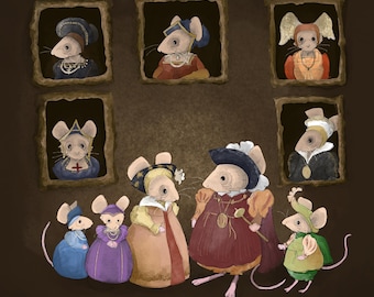 Henry the eighth and his wive historical mice printed panel on quilting cotton 30.5 by 30.5 cms