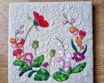 Fabric kit and Printed pattern for snapdragons and poppies 12" pattern raw edge applique tutorial free motion embroidery