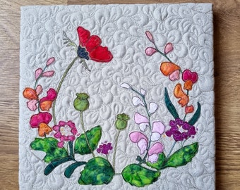 Printed pattern for snapdragons and poppies 12" pattern raw edge applique tutorial free motion embroidery