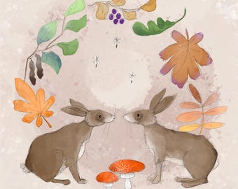 Pre -order autumn hares printed panel on quilting cotton 30.5 by 30.5 cms