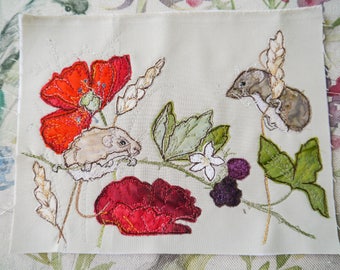 PDF pattern for harvest mice and poppies raw edge applique tutorial free motion embroidery