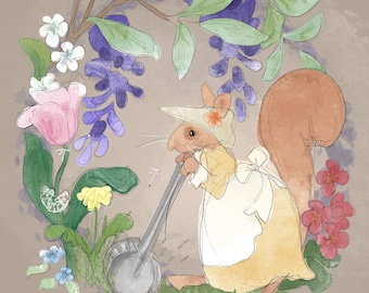 Pre-order miss poppy panel block 6 mowing the grass gardening spring squirrel on beige printed panel on quilting cotton 30 by 30cms