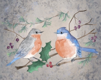 Pre-order winter bluebirds printed panel on quilting cotton 30.5 by 30.5 cms