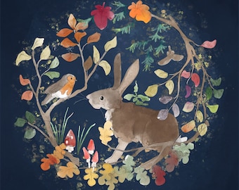 Pre-order Autumn forest hare printed panel on quilting cotton 30.5 by 30.5 cms