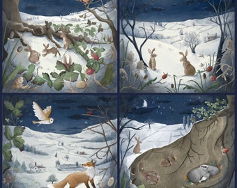 Set of 4 winter scenes with rabbits, badgers, owl and squirrel printed panel on quilting cotton, one of each design,  each 47 by 47 cms