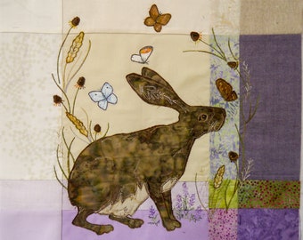 PDF pattern for Highland Hare 15" square raw edge applique tutorial free motion embroidery
