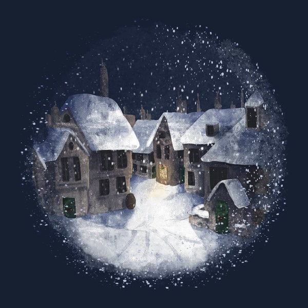 Pre-order Fabric panel Christmas eve snowy Street scene  top on dark blue 30cm square quilting cotton