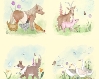 Farmyard set one of each design printed panel on quilting cotton each 30.5 by 30.5 cms