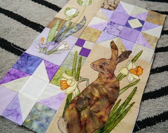 Printed pattern for Block of the month 1 hare, daffodils, tulips and crocus raw edge applique tutorial free motion embroidery