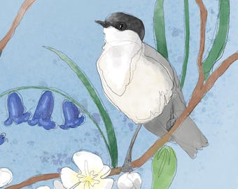 Pre-order Fabric panel spring marsh tit and bluebells flowers  watercolour effect on blue 30. 5cm square quilting cotton