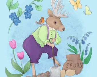 Pre-order Fabric panel Summer  Henry flowers Stag  watercolour effect on blue 30. 5cm square quilting cotton