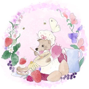 Victorian Summer baking hedgehog and butterfly printed panel on quilting cotton 30 by 30cms