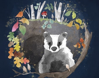 Pre-order Autumn forest badger printed panel on quilting cotton 30.5 by 30.5 cms