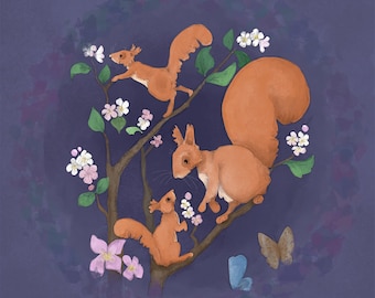 Pre-order Fabric panel spring squirrels on dark hyacinth 30.5cm square quilting cotton