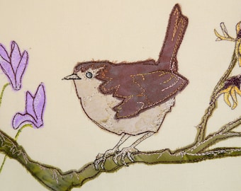 Pattern for Wren with Witch hazel raw edge applique tutorial free motion embroidery
