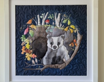 Finished Textile Art free motion quilted autumn badger with frame