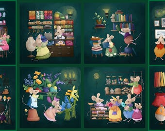 Pre-order set of 12 Fabric panel vintage town mouse coffee shop christmas shop halloween village shop grocer 30.5 cm squares quilting cotton
