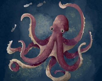Pre-order Fabric panel Octopus on ocean blue 30.5 cm square quilting cotton