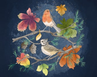 Pre-order Autumn forest crested tit and robin printed panel on quilting cotton 30.5 by 30.5 cms