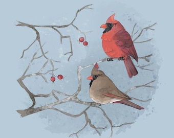Pre -order cardinals on blue grey printed panel on quilting cotton 30.5 by 30.5 cms