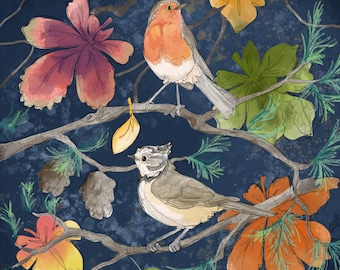 Pre-order Autumn forest crested tit and robin printed panel on quilting cotton 30.5 by 30.5 cms