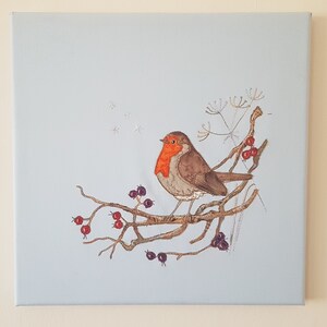May include: A robin perched on a branch with red and purple berries. The background is a light blue canvas.