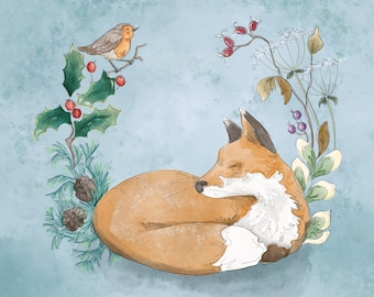 Pre -order Christmas robin and fox printed panel on quilting cotton 30.5 by 30.5 cms