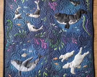 Original art for sale 'swimming lessons' 24 by 24" Wall hanging embroidered textile art