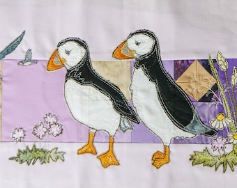 PDF pattern for lilac puffins flowers lampshade raw edge applique free motion embroidery.