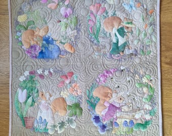 Original art for sale 'miss poppy in the spring' 24 by 24" Wall hanging embroidered textile art