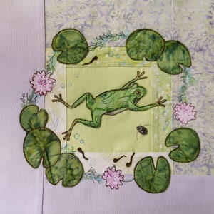 PDF pattern for a log cabin Frog raw edge applique tutorial free motion embroidery