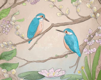 Pre -order spring kingfishers printed panel on quilting cotton 30.5 by 30.5 cms
