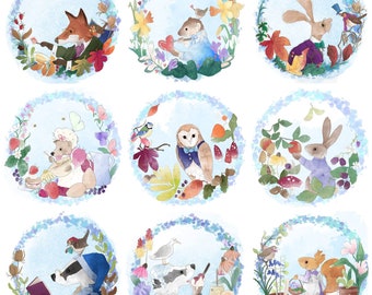 Pre-order set of 9 Fabric panel victorian baltimore animals on light blue and white 30cm square quilting cotton